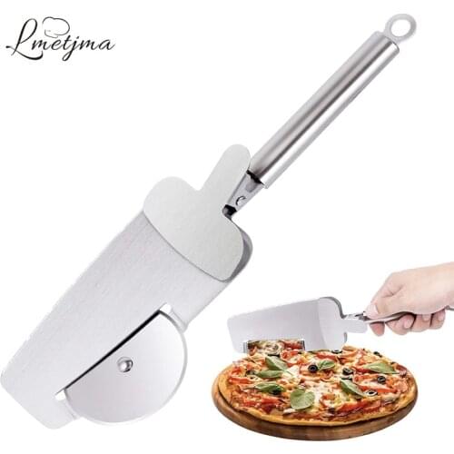 LMETJMA 4 in 1 Pizza Cutter Wheel Stainless Steel Pizza Cutter Pizza Knife Serving Spatula Gripping Paddle Pizza Tools KC0081