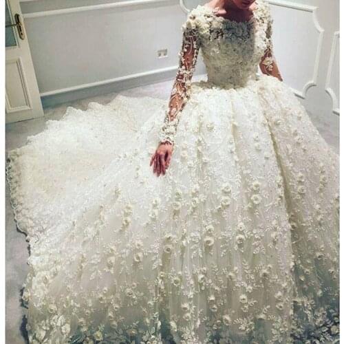 Luxury 3D Floral Appliqued Wedding Dresses With Long Sleeves Jewel Neck Charming Bridal Gowns Court Train Wedding Dress Custom