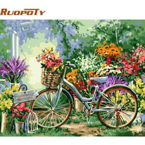 RUOPOTY Frame DIY Painting By Numbers Bicycle Flowers Kits Acrylic Paint By Numbers Hand painted Oil Painting For Home Decor