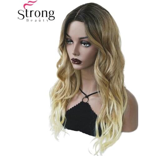 StrongBeauty Womens Ombre Wigs Synthetic Natural Long Wavy Brown/Blonde Highlights Wig Hair