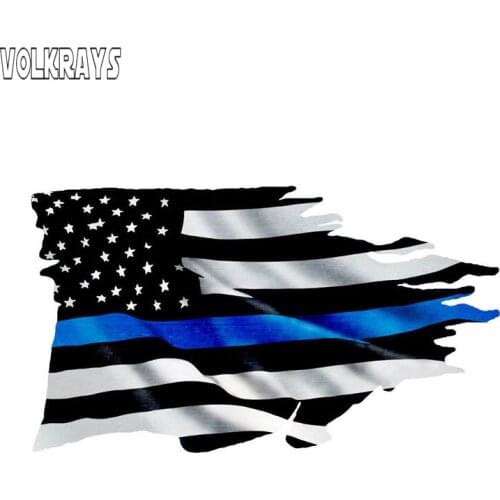 Volkrays Creative Car Sticker Thin Blue Line Tattered Flag Sticker Police Usa Vinyl Decal Decoration Accessories,13cm*7cm
