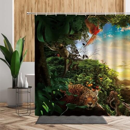 Jungle Landscape Shower Curtain Leopard Parrot Toucan Banana Birds Tropical Plants Flower Bath Curtains Fabric 3D Bathroom Decor