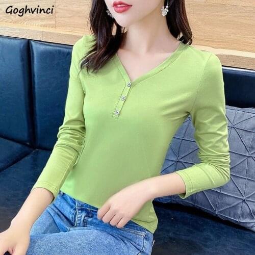 Long Sleeve T-shirts Women V-neck Button Solid Tops Womens Classic Slim Soft Thin All-match Tees Ladies Chic Ins Fashion Daily