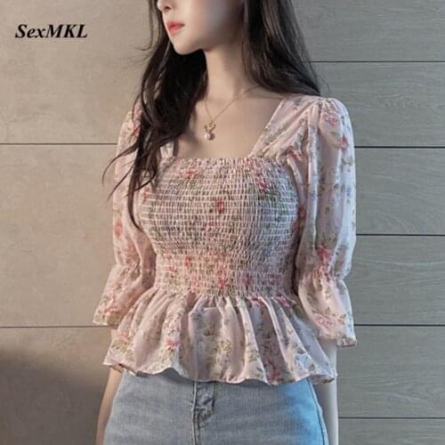 Casual Floral Printed Summer Blouse Women 2021 Fashion Flare Sleeve Sexy Shorts Ladies Tops Korean Slim Vintage Chiffon Blouse