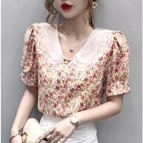 Lace Stitch Floral Korean Fashion Summer WomenS Clothing Vintage Short Sleeved Shirts Blouses Top New Vetement Femme 2021