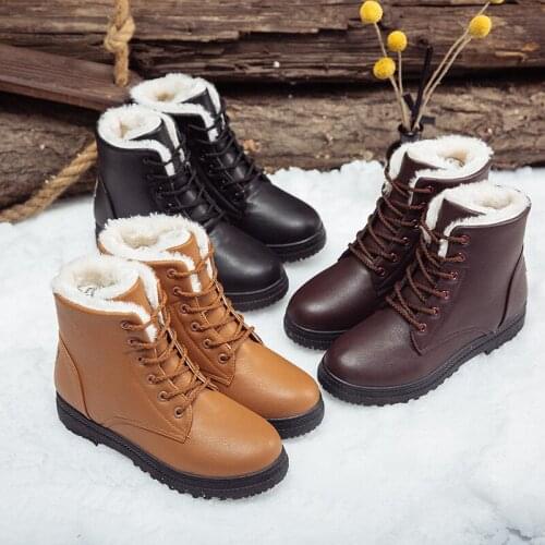 Women Boots Faux Suede Snow Boots Women Ankle Boots Warm Fur Women Booties Solid Winter Boots Lace Up Leather Women Shoes 35-43