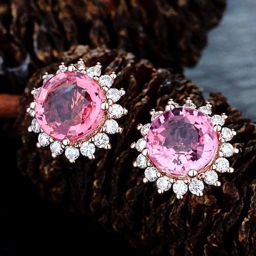 Cute elegant pink crystal zircon diamond gemstones stud earrings for women 18k rose gold color jewelry pendientes jewelry bijoux