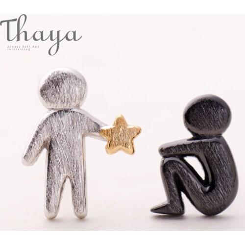 Thaya Picking Gold Stars for You Design Stud Earrings s925 Silver Asymmetry Figure Earring for Women Elegant Texture Jewelry