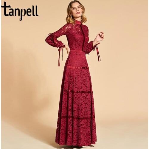 Tanpell lace evening dress elegant rust red 3/4 sleeves floor length a line gown women high neck plus customed evening dresses