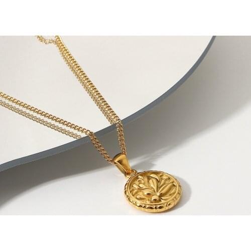 Carved Coin Necklace For Women Stainless Steel Rose Flower Long Chain Necklaces Pendant Necklace Choker Jewelry Wholesale