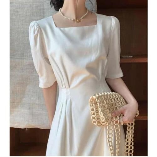 White dress female summer 2021 new square collar puff sleeve waist was thin French retro dress vestido midi elegante