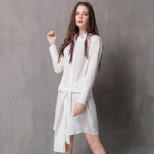 Vert good fabric time limited discount white shirt dress ladies spring 2020 new hollow out shirt belt elegant loose cotton dress