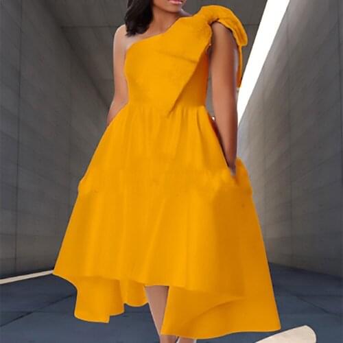 Elegant Party Fashion Dress For Women One Shoulder High Waisted A Line Mid Calf Evening Night Dinner Vestidos Summer Dress Midi