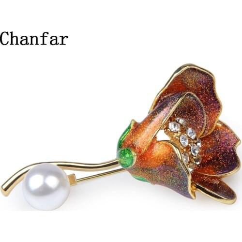 Chanfar Classic Alloy Enamel Rose Flower Brooch Pin Metal Crystal Scarf Pin Christmas Gift Wedding Jewelry Accessories
