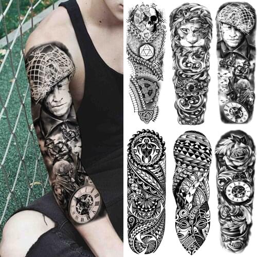 Compass Soldier Temporary Tattoos For Men Women Black Maori Tribal Tattoo Sticker Sleeve Fake Skull Lion Flower Tatoos Realistic
