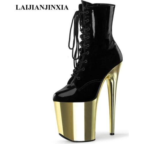 LAIJIANJINXIA New 20 CM Platform High Stripper Heeled Pole Dance Shoes Women Sexy Fetish Party Patent Leather Short Women Boots