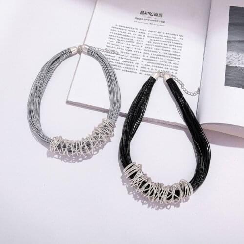 Multilayer Leather Rope Chokers Necklace Elegant Fashion Hollow Out Iron Wire Circle Necklace for Women