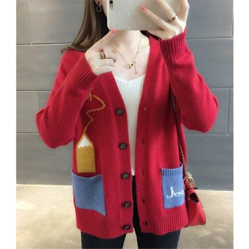 Khaki Korean Fashion Ladies Mid-length Knitted Jacket, Pocket V-neck Cardigan Sweater, Autumn Ladies Sweater, Red Woolen Sweater