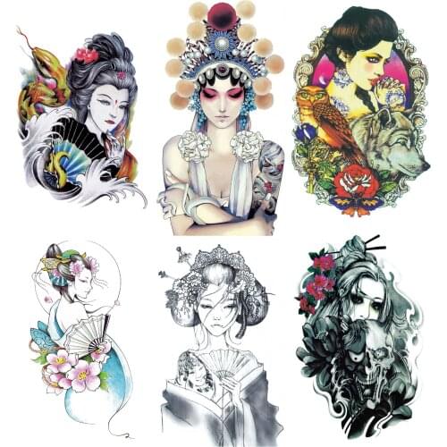 Fashion Japanese Geisha Temporary Tattoos Retro Flower Half Arm Fake Tattoos for Men Women Waist Leg Back Stickers Body Art