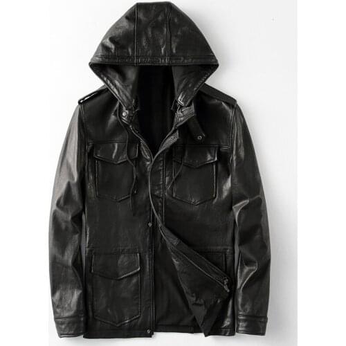 2020 New Genuine Leather Jacket Men Vintage Sheepskin Coat Hood Motorcycle Mens Leather Jackets Casaca Cuero KFS19M011