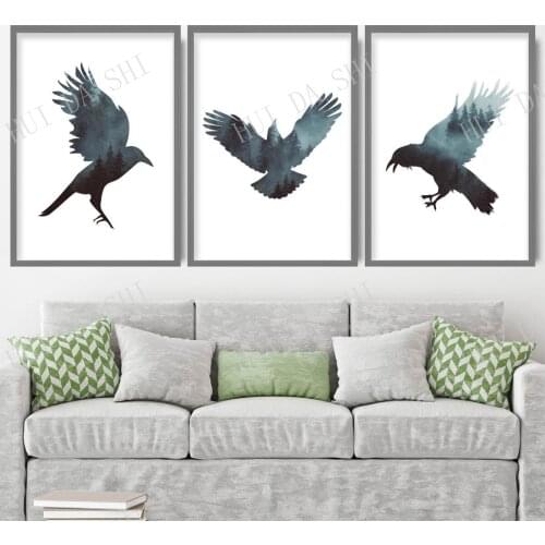 Set of 3 Prints Forest Fog Raven Woodland Art Print Nordic Wildlife Bird Gallery Wall Poster Decor Gift