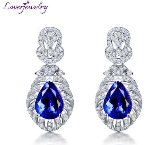 Newest Handmade Young Lady Stud Earrings 18k White Gold Natural Tanzanite Gemstone Genuine Diamond Earrings For Women Party Gift