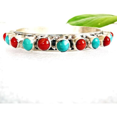 Nepal Silver Jewelry 925 Sterling Silver Inlaid Turquoise Coral Beads Open Cuff Bangle for Girl T9188
