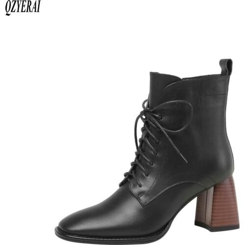 QZYERAI Autumn winter new Genuine leather Women boots ankle fashion warm Female boots cowhide High heels Women shoes