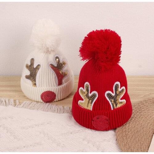 Autumn Winter Baby Hat Christmas Antlers Sequins Kids Girl Boy Beanie Cap Pompom Crochet Warm Children Toddler Bonnet Hat