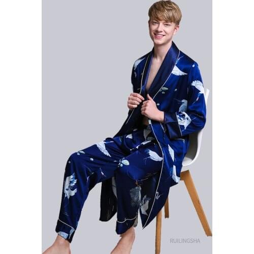 Two-Pieces Silk Nightgown Satin male Sleepwear Loose Tiger Dress Silky Long Sleeve Robe and Long Pants bathrobe set for Men