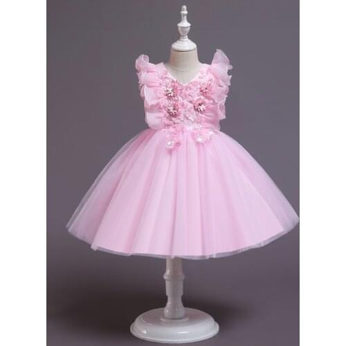 FOCUSNORM 2-10Y Princess Kids Girls Party Dress 4 Colors Ruffles Sleeve Flowers Pearl Mesh Tutu Sundress