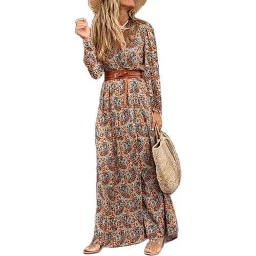 European and American hot style autumn and winter long-sleeved V-neck bohemian floral dress for women