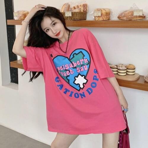 Woman Tshirts Pink Love Short-sleeved T-shirt Womens Summer New Style Net Red Slim and Loose Mid-length Top
