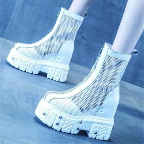 Increasing Height Women Summer Leather Platform Wedge Ankle Boots High Heels Front Zip Oxfords Party Pumps 34 35 36 37 38 39