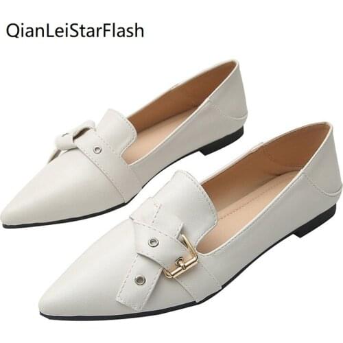Women Slip on Loafers 2020 Spring New Lady Leather Shoes Pointed Toe Buckle Flat Heel Waterproof Soft Sole Anti-slip 33-43 Plus