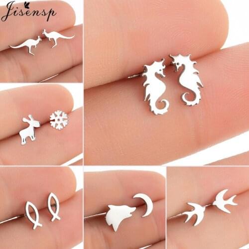 Punk Stainless Steel Animal Earrings for Women Fashion Jewelry 2021 Swallow Fish Wolf Sea Horse Ear Studs Piercing Korean Gifts