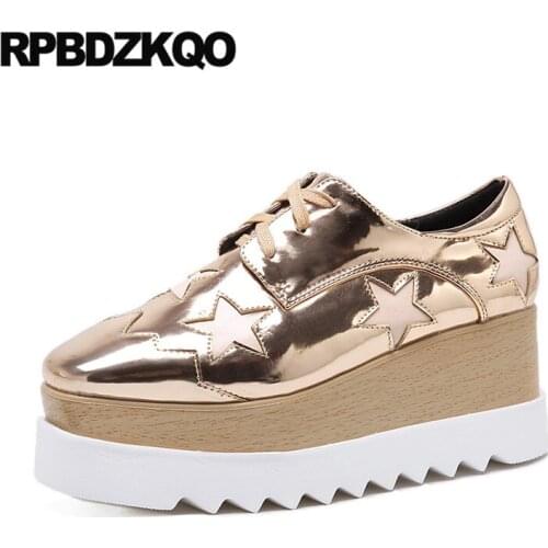 Pumps cheap patent leather ladies 2019 creepers new high heels silver gold shoes women with platform wedge square toe size 4 34