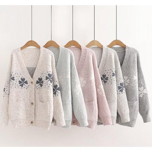 2021 Korean style Womens Sweater Cardigan 2021 Autumn Casual Loose Long Sleeve V-neck Cardigans Korean Fashion Knitted Jacket