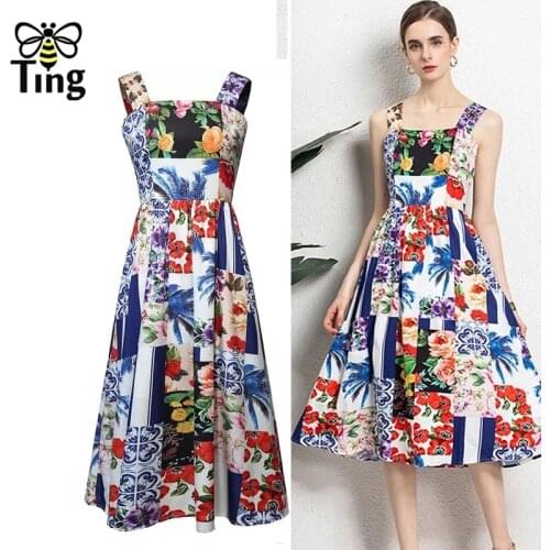 Tingfly Designer Floral Print Summer Midi Long Casual Dress Vintage Elegant Strap Sleeveless Sundresses Women Clothes Streetwear