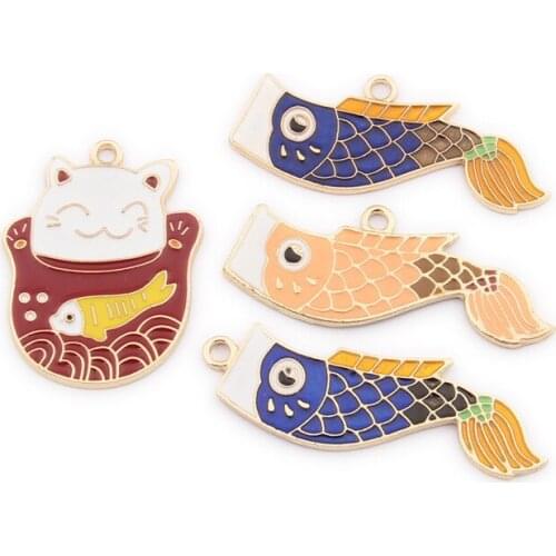 10pcs enamel lucky cat carp charm animal for jewelry making fashion earring pendant bracelet necklace charms