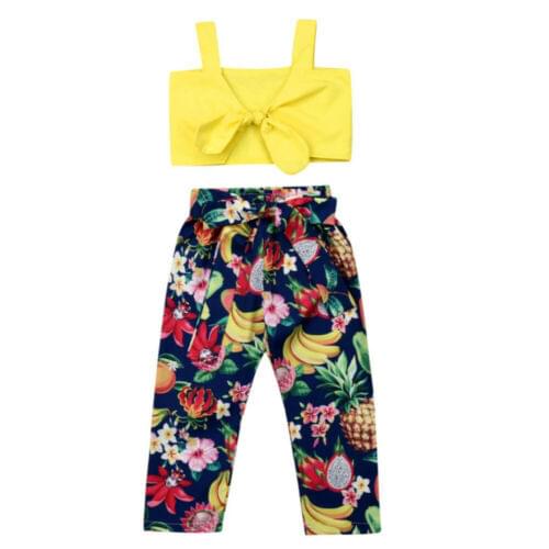 2-7Years Toddler Kid Baby Girl Summer Clothes Bow Strap Top Fruit Print Pant Outfits 2PCS