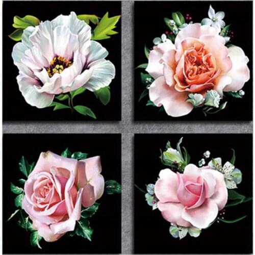 4 Panels Pink Rose Flowers Mosaic Full Square Round Drill 5D Diy Diamond Embroidery Triptych Wedding DecorationsZP-4332
