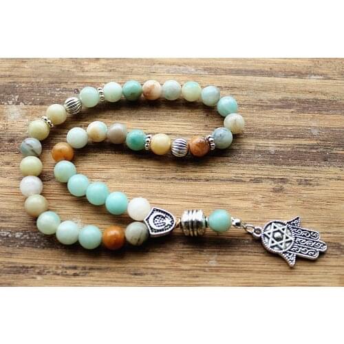 8mm Amazonite Stone bead with hand charm Round Shape 33 Prayer Beads Islamic Muslim Tasbih Allah Mohammed Rosary