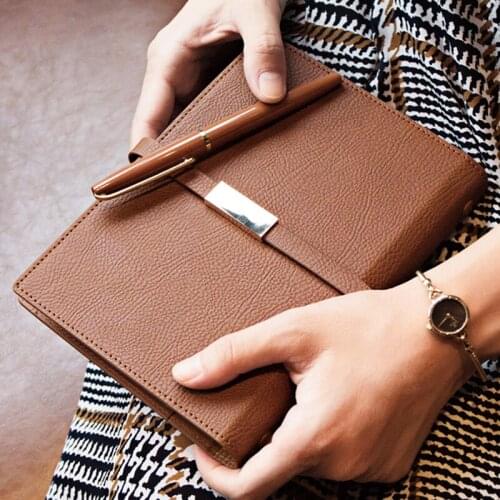 A5 Lichee Pattern Cross stripe Spiral Notebook High-grade 6 Holes Loose-leaf Metal bandage Business Office Meeting Notepad