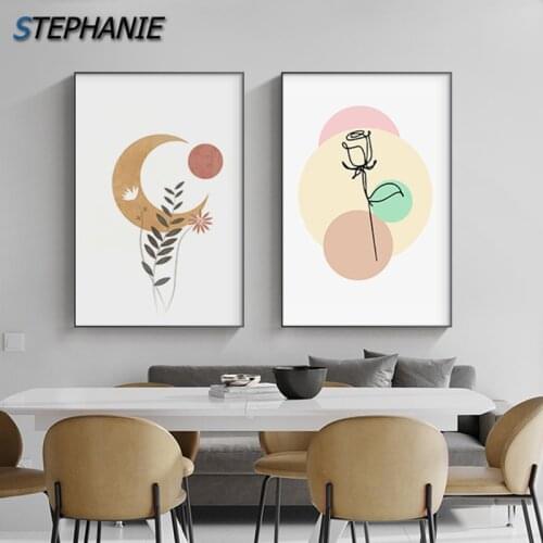 Boho Abstract Leaf Plant Rose Posters Print Geometric Block Canvas Painting Sun Moon Wall Pictures for Bedroom Nordic Wall Decor