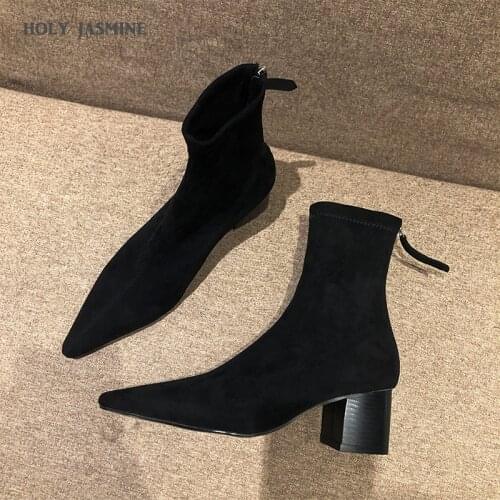New Stretch Fabric Fashion Ladies Boots 2020 Autumn Winter Zip Square Toe Square Heel Basic Ankle Boots for Women Pigskin TPR