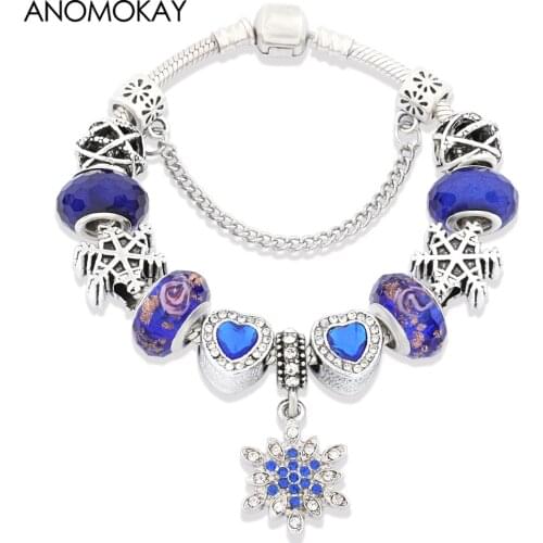 Anomokay Classic Dark Blue Snowflake Pendant Bead Bracelets Royal Blue Love Heart Crystal Charm Bracelet for Men Jewelry Gift