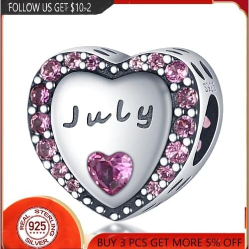 NEW 100% 925 Sterling Silver July heart shapet Bead Charms Fit Original Pandora Bracelets Bangle Make DIY For Women Jewelry Gift