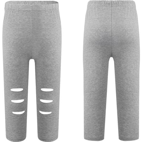 Kids Girls Summer Cotton Breathable Stretchy Running Pants Pure Color Elastic Waistband Ripped Knee Crop Leggings Pants Trousers