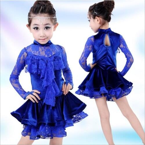 Children girl navy blue Latin Dance Dress For Girls Lace flower Top&Skirt Dance Wear Vestido De Baile Latino Kids Dance Costumes